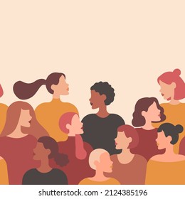 Vector greeting card with women of different nationalities and cultures. Background template for International Women's Day.