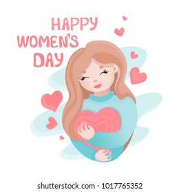 Vector greeting card for women's day with cartoon girl hugging a pillow-heart.