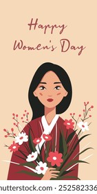 Vector greeting card with Women's Day. Beautiful Asian woman with a bouquet of flowers. For banner, advertisement, website, postcard. Women's empowerment.