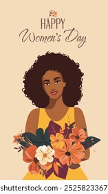 Vector greeting card with Women's Day. Beautiful curly African American woman with a bouquet of flowers. For banner, advertisement, website, postcard. Women's empowerment.