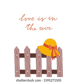 Vector greeting card with yellow summer hat and lettering on white background. Beautiful nature village design template