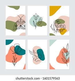 Vector greeting cards with abstract shapes and line flowers and plants, bird, butterfly isolated on white background