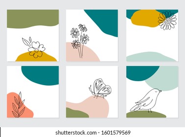 Vector greeting cards with abstract shapes and line flowers and plants, bird, butterfly isolated on white background