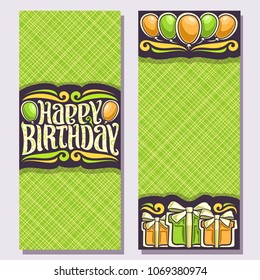 Vector greeting cards for Birthday Holiday, vertical double sided invitations with colorful gift boxes and balloons for anniversary holiday, original brush typeface for greeting text happy birthday.