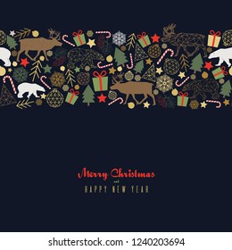 Vector greeting cards with Christmas elements, collected in a seamless pattern on a dark background. Deer, polar bear, Christmas ball and Christmas tree made in the style of Low Poly.