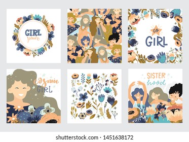 Vector greeting cards collection with dancing women, flowers and feminism quotes. 