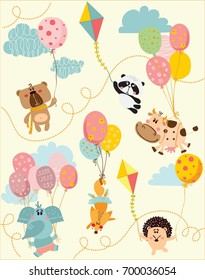 Vector greeting cards with color cute elephant, cow, panda, hedgehog, fox and bear with balloons