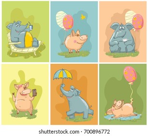 Vector greeting cards with color cute elephants and pigs 