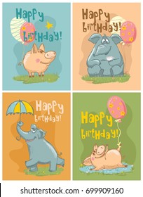 Vector greeting cards with colour cute elephants and pigs and Happy birthday texts