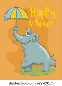 Vector greeting cards with colour cute elephant and Happy birthday text