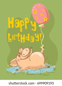 Vector greeting cards with colour cute  pig and Happy birthday text