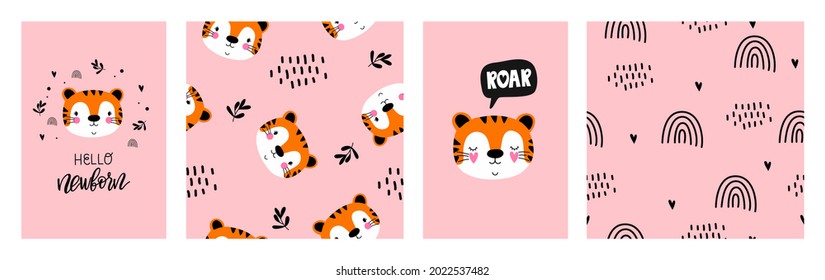 Vector greeting cards with a cute tiger cub. Flat-style print for children. Seamless cute patterns with tiger and doodles. Lettering Hello Newborn. For modeling children's clothing and decor