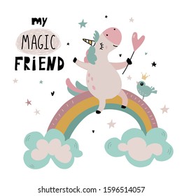 Vector greeting cards with cute unicorn, rainbow, funny font. Template for children design.