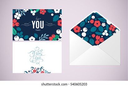 Vector greeting cards and envelope with flat flowers, leaves and berries color silhouette background. Creative design illustration
