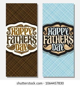 Vector greeting cards for Fathers Day holiday, vertical banners with curls of hair, funny curly mustache and goatee beard, original hipster typeface for words happy father's day on abstract background