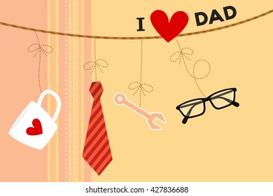 vector of greeting cards for father's day including coffee cup, necktie, tool and glasses hanging and bound with rope on a beige color background