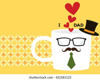 vector of greeting cards for father's day in hipster coffee cup including red heart symbol, hat, glasses, mustache and necktie on a bright yellow background in retro style