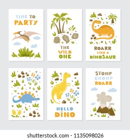 Vector greeting cards with funny dinosauts and elements in cartoon style for children birthday party, baby shower, poster and print.
