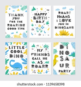 Vector greeting cards with funny dinosauts and elements in cartoon style for children birthday party, baby shower, poster and print.