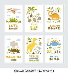 Vector greeting cards with funny dinosauts and elements in cartoon style for children birthday party, baby shower, poster and print.