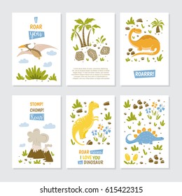 Vector greeting cards with funny dinosauts and elements in cartoon style for children birthday party, baby shower, poster and print.