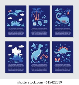 Vector greeting cards with funny dinosauts and elements in cartoon style for children birthday party, baby shower, poster and print.