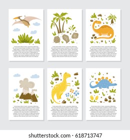 Vector greeting cards with funny dinosauts and elements in cartoon style for children birthday party, baby shower, poster and print.