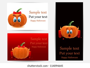 vector greeting cards with funny pumpkins, dedicated to Halloween