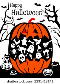 Vector greeting cards for Halloween party invitations. Happy Halloween text on white background with jiant orange pumpkin and element inside. Decorate with spooky pumpkin, scary cat, tree branch.