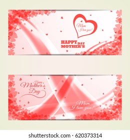 Vector greeting cards for Happy Mother's Day with waves, pink heart and leaf silhouettes and text.