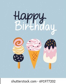Vector greeting cards with ice creams on the blue background. Happy birthday poster.
