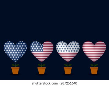vector of greeting cards for independence day in 4th of july with design in heart shape with american flag pattern