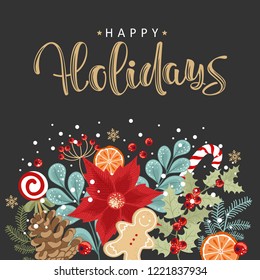 Vector greeting cards. The Inscription Happy Holidays . Handwritten modern brush lettering. Hand drawn design elements.
