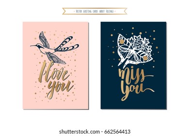 Vector greeting cards with the inscription I love you, and the inscription Miss you