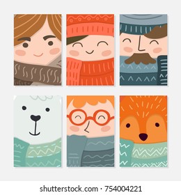 Vector greeting cards and invitations with cute winter animals and people isolated on background. Big set with girls, boys, bear,fox hand drawn designs. Xmas, christmas design.