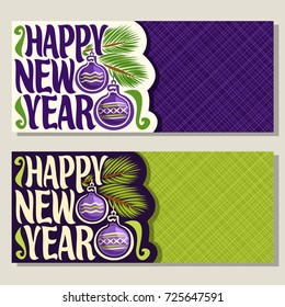Vector greeting cards for New Year event with copy space: xmas baubles on branch of christmas tree on geometric background, original handwritten font for text happy new year, christmas coupon for sale