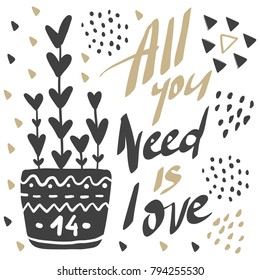 Vector greeting cards on Valentine's Day. Flowers, hearts, love. Doodle illustrations. Cute design. Hand drawn art. All you need is love.