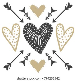 Vector greeting cards on Valentine's Day. Flowers, hearts, love. Doodle illustrations. Cute design. Hand drawn art.