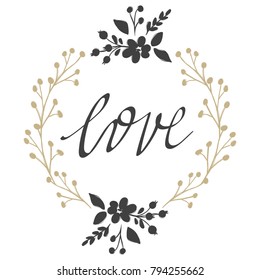 Vector greeting cards on Valentine's Day. Love, heart, flowers. Cute frame of branches. Hand drawn illustration. Objects for design.