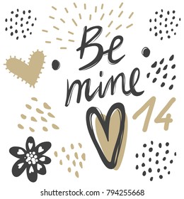 Vector greeting cards on Valentine's Day. Flowers, hearts, love. Doodle illustrations. Cute design. Hand drawn art. Be mine.