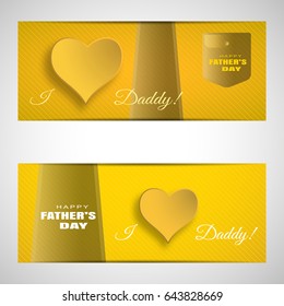 Vector greeting cards set of Father's Day on the gradient yellow background with line pattern, paper hearts, tie and text.