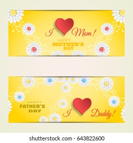 Vector greeting cards set of Happy Mother's Day and Father's Day on the gradient yellow background with curly branches of flowers, red paper hearts and text.