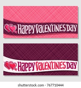 Vector greeting cards for St. Valentine's Day with copy space, 2 banners with pink hearts pierced arrow, original handwritten font for text happy valentines day, curved ribbon for valentine holiday.