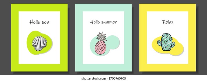 tarjetas de felicitación vectorial en estilo tropical. varias cartas para descansar y relajarse.