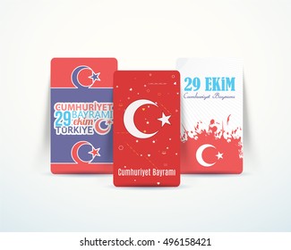 Vector Greeting Cards, Turkey Flag and Stylish Text Republic of Turkey National Celebration  Background, Badges Vector Set - English "October 29, Turkey, Republic Day"