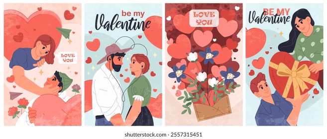 Vector greeting cards for Valentine's day. Set of valentines for couples in love. Banners or flyers for romantic holiday, gift for lover one or beloved. Relationships, amour or love. Love you.