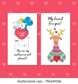 Vector greeting cards for Valentine's day. The planet of love. Reindeer in knitted sweater holding a heart. My heart for you.