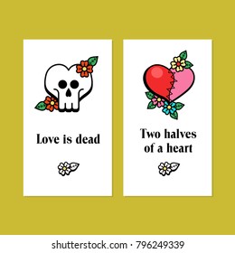 Vector greeting cards for Valentine's day. Heart stitched from two halves. Skull in the shape of a heart. Love is dead.