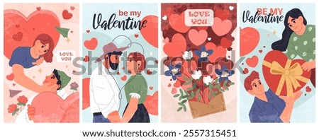 Vector greeting cards for Valentine's day. Set of valentines for couples in love. Banners or flyers for romantic holiday, gift for lover one or beloved. Relationships, amour or love. Love you.