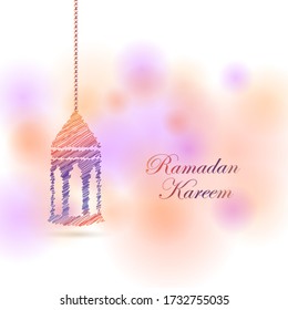Vector greeting cards, vintage lantern for Ramadan wishing. Arabic shining lamp. Outline golden decor in Eastern style. Islamic background.Ramadan Kareem poster.